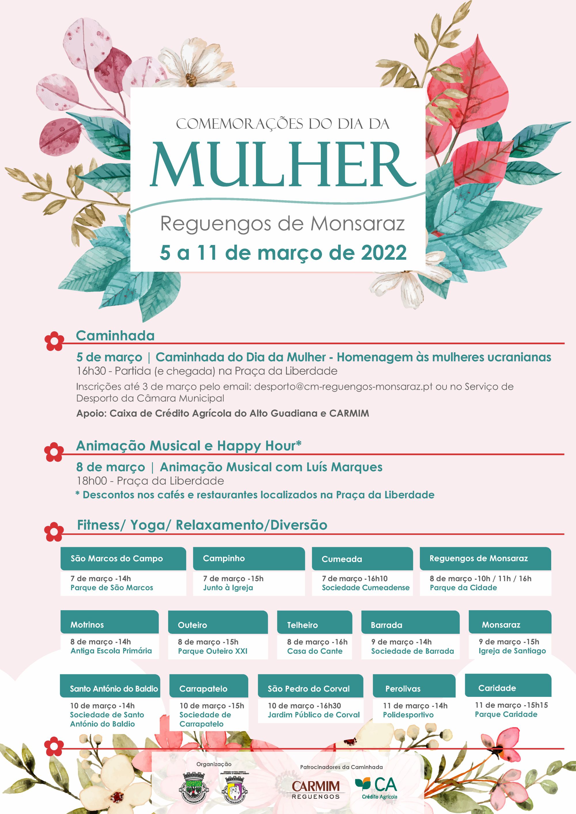 cartaz com o programa da semana de comemoração do Dia da Mulher 2022 em Reguengos de Monsaraz